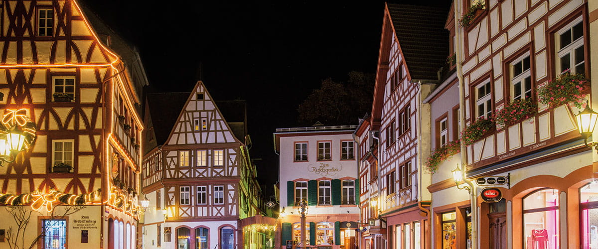 The famous historic Kirschgarten in Mainz illuminated during Christmas season